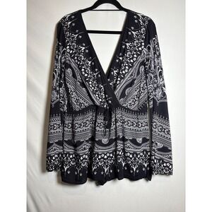 TJD Black &‎ White Paisley Floral Romper Boho Long Sleeve Surplice Small